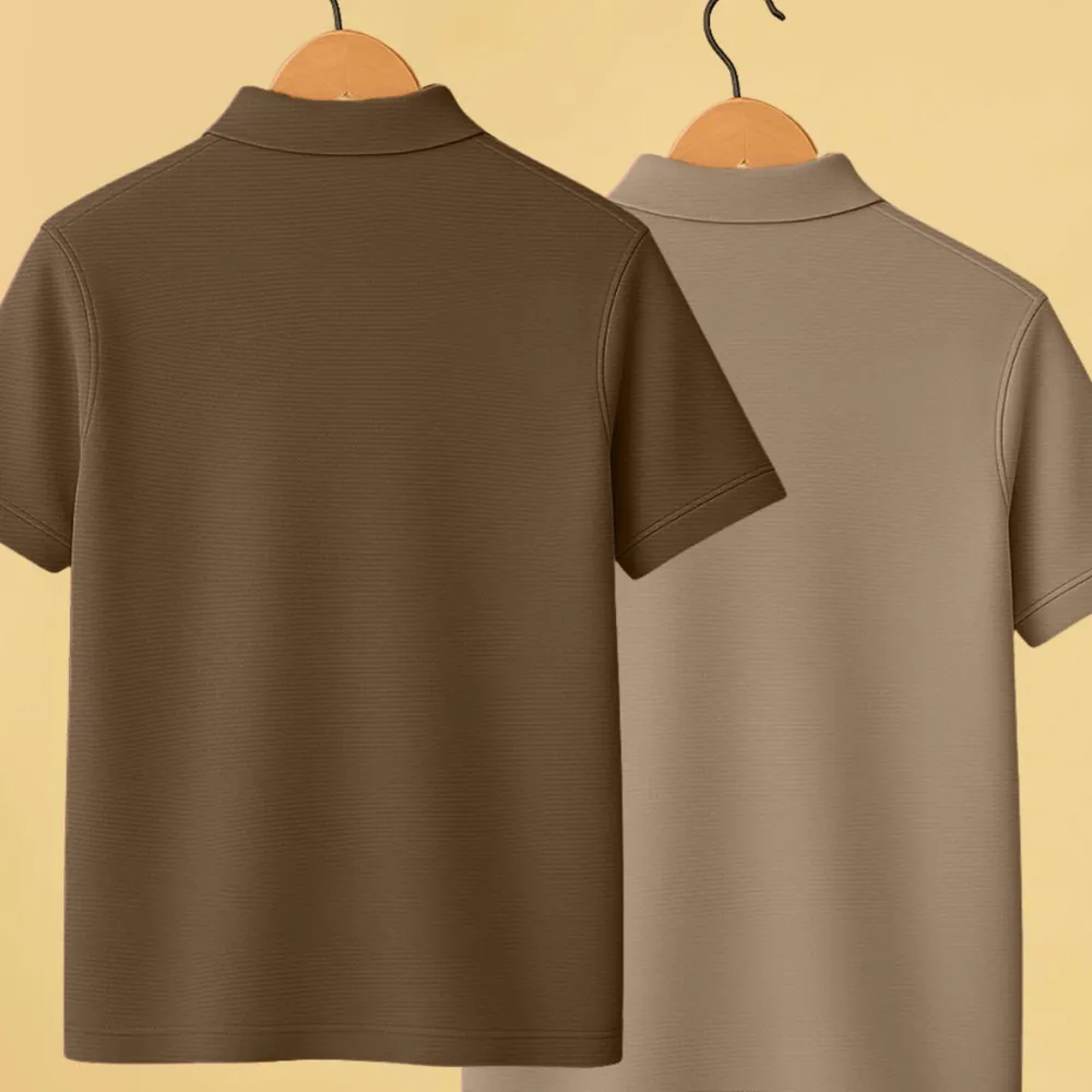 Yazole Pack of 2 Men Solid Polo Neck Polycotton Brown, Beige T-Shirt - Image 3