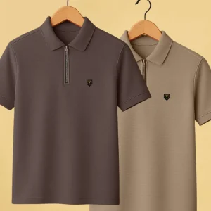 Pack of 2 Yazole men's solid polo neck half-sleeve t-shirts in brown and beige colors with classic collared necklines.