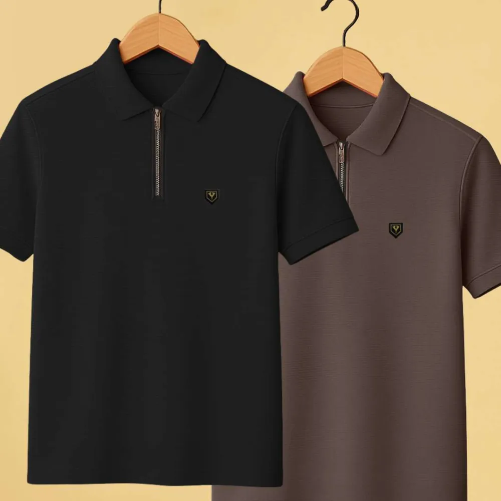 Yazole Pack of 2 Men Solid Polo Neck Polycotton Brown, Beige T-Shirt - Image 2